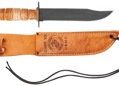 Case USMC 7" Fixed Clip Point Plain Blackened 1095 Carbon Steel Blade Grooved Leather Handle