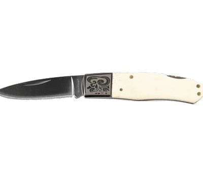 Sarge bovine-decorative white bone folder, 5. 5" open, 3. 25" closed